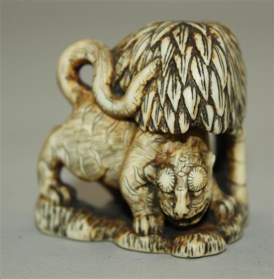 A Japanese stained ivory netsuke of a tiger crouching beneath a tree, 18th / 19th century, 4.2cm.